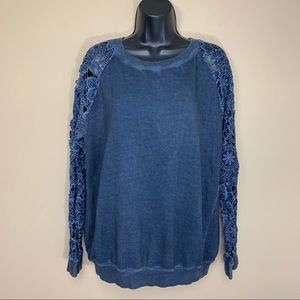 Blue Distressed Oversized Sweatshirt with Lace Sleeves